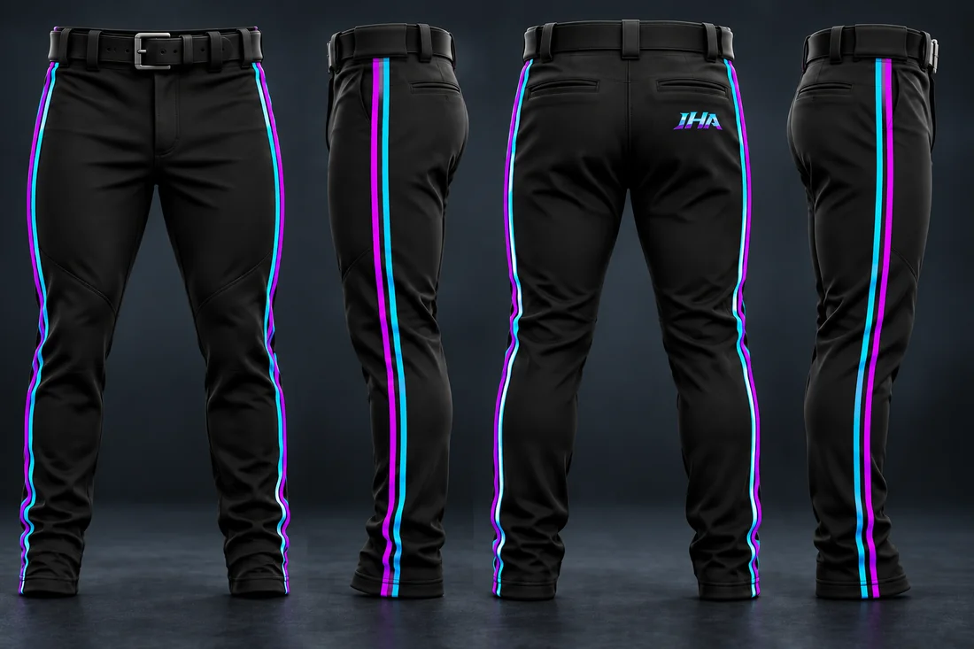 Matching black baseball pants with purple and cyan stripes, shown from four angles