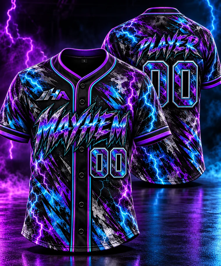 Purple and electric blue Neon Mayhem baseball jersey concept, front and back