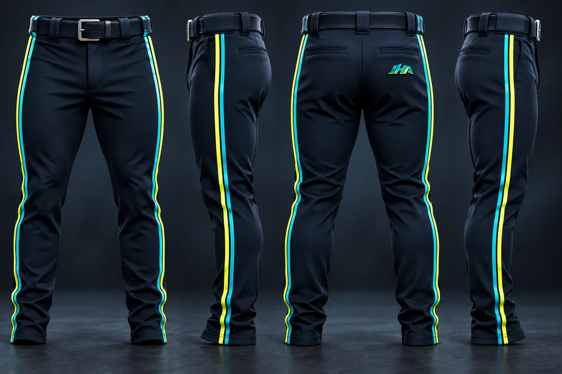 Matching navy baseball pants with cyan and yellow stripes, shown from four angles