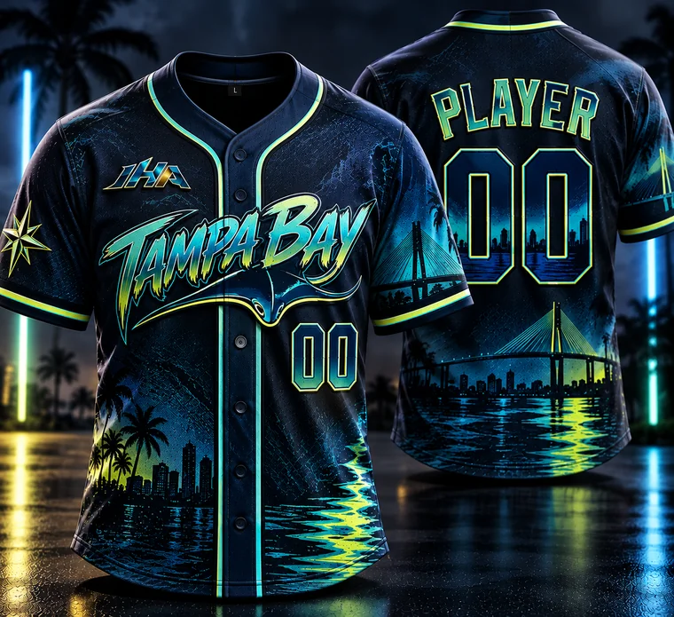 Navy and turquoise Tampa Bay baseball jersey concept, front and back
