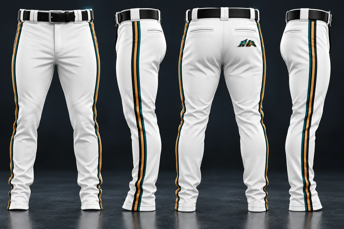 Matching cream baseball pants with teal and gold stripes, shown from four angles
