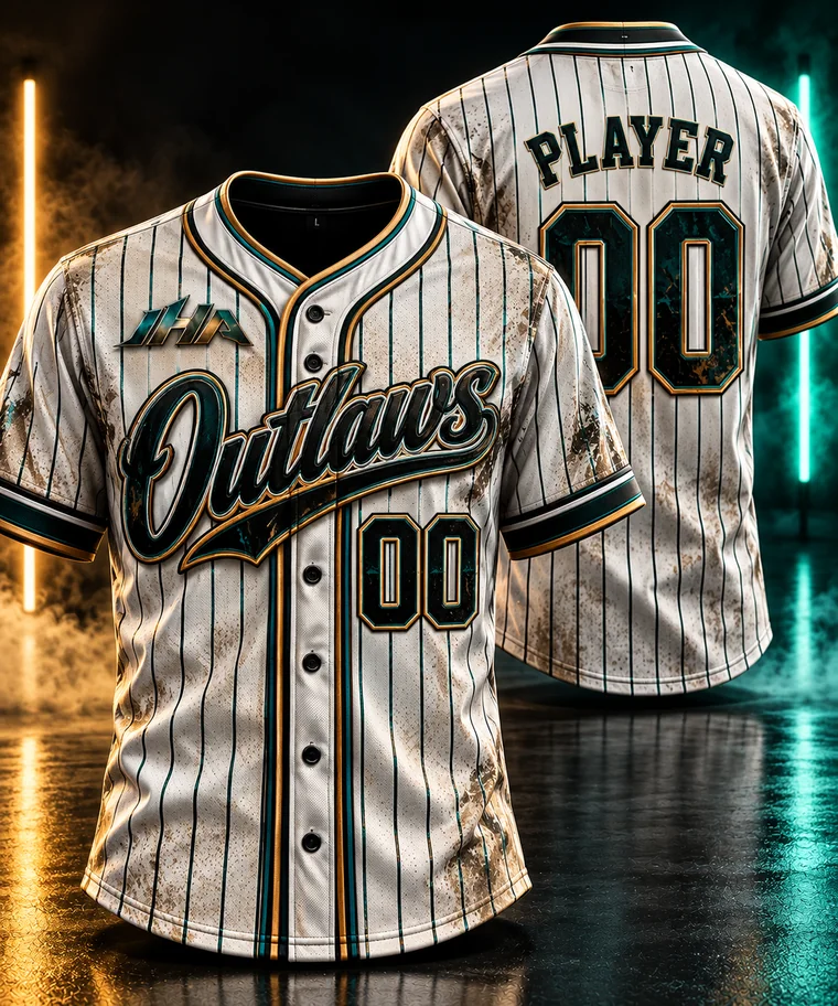 Cream pinstripe Outlaws baseball jersey concept, front and back