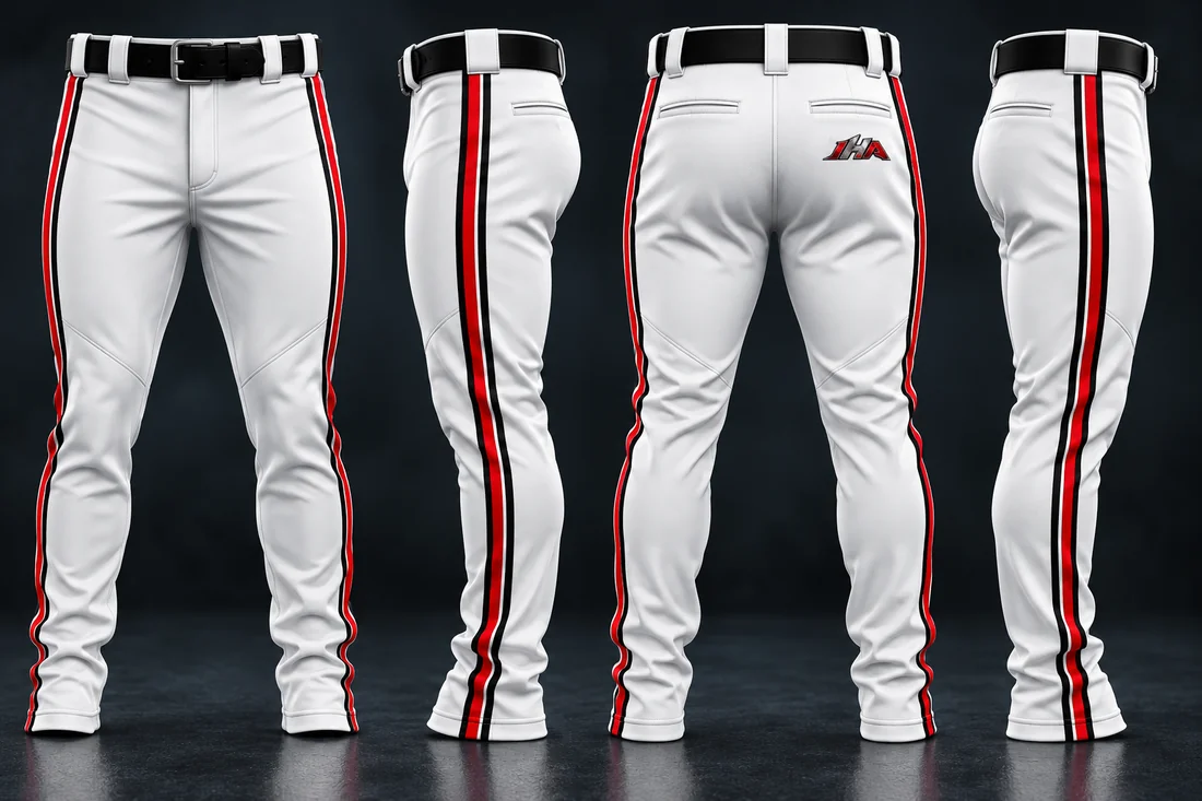 Matching white baseball pants with red and black stripes, shown from four angles