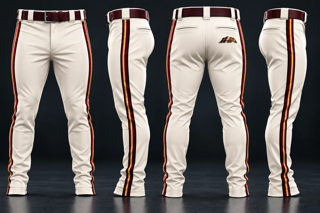 Matching cream baseball pants with burgundy and gold stripes, shown from four angles
