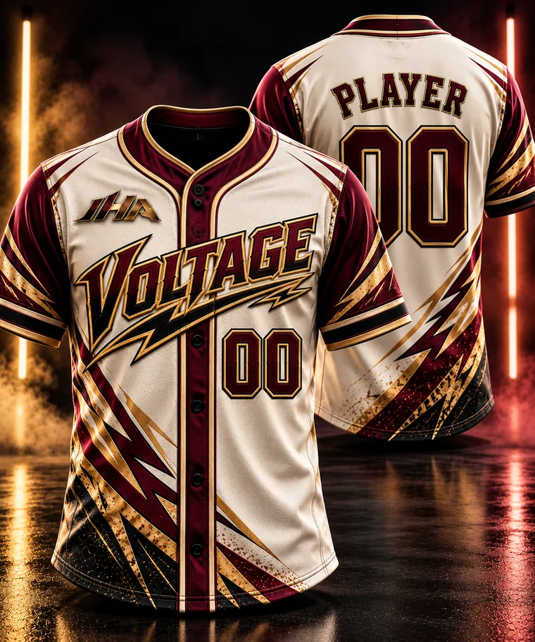 Cream, burgundy, and gold Voltage baseball jersey concept, front and back